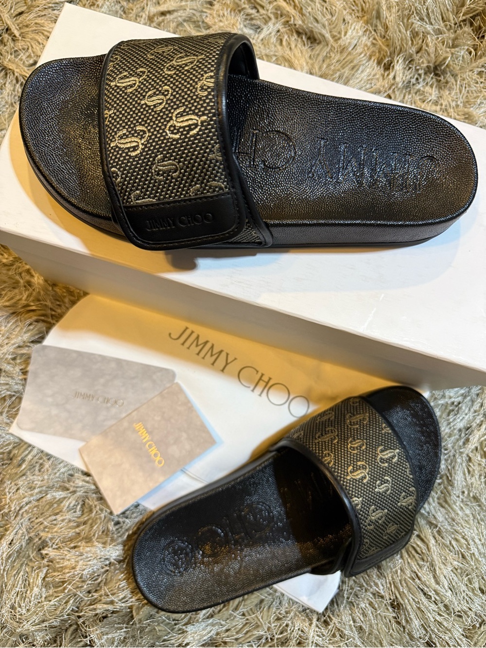 Jimmy Choo FITZ Black/Gold JC Monogrammed Slides - Picture 3 of 14